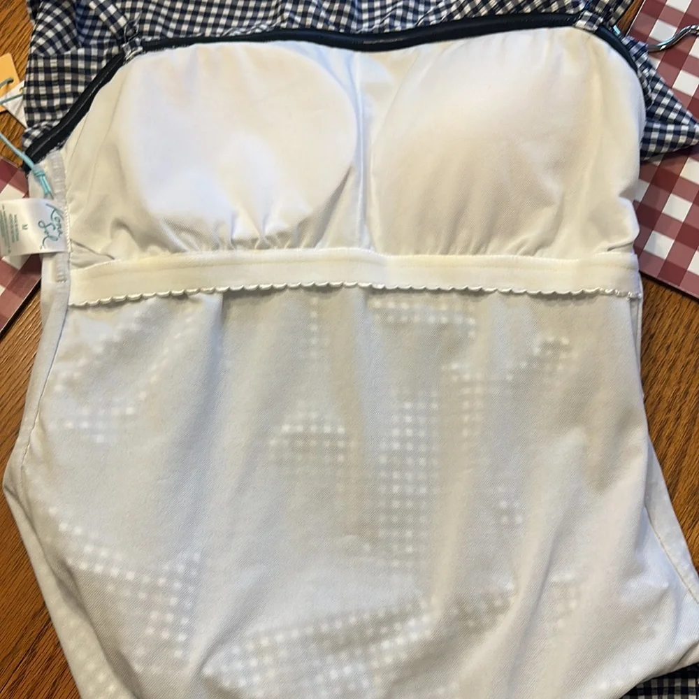 Kona Sol Blue Gingham swimsuit with bandeau flounce top accent Fully lined - Picture 7 of 12